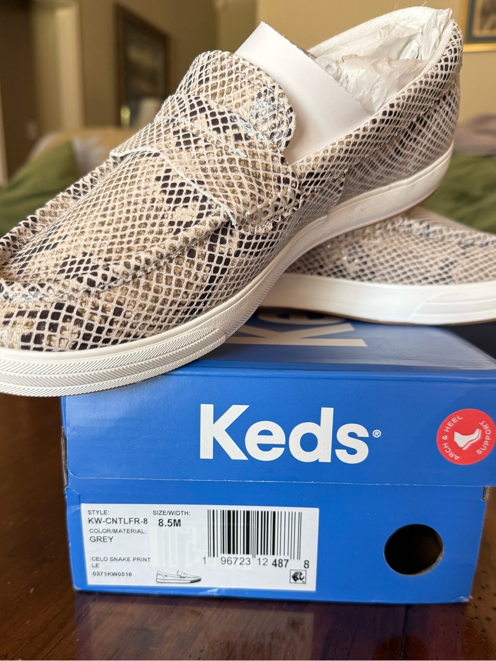 Keds Tan-Grey Snake-Print Leather Loafers Sneakers Slip-Ons 8.5M